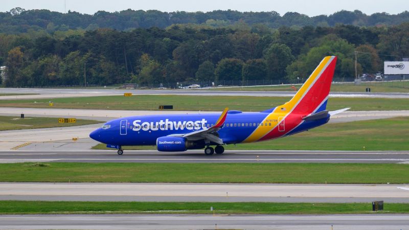 A Southwest Airlines aircraft taxis on a runway at BWI Thurgood Marshall Airport.